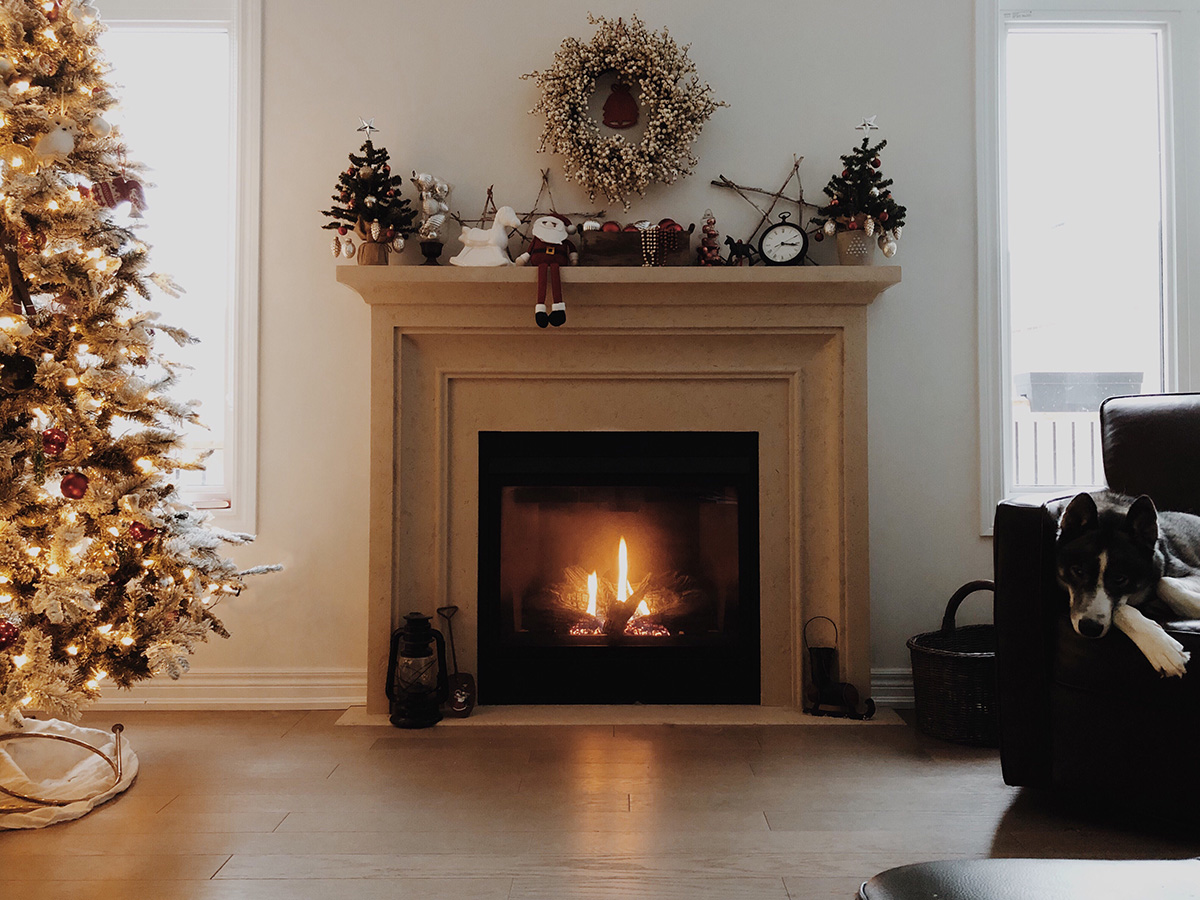 Fireplace decorated for Christmas