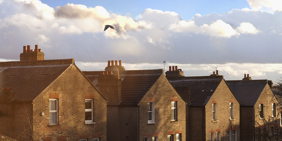 A row of terraced house rooftops with chimneys